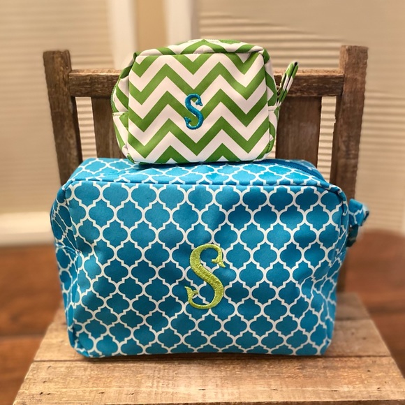 Monogram "S" Cosmetic Bags Set of 2, Blue & Green "S" Cosmetic Bags, Makeup Bags - Picture 2 of 16